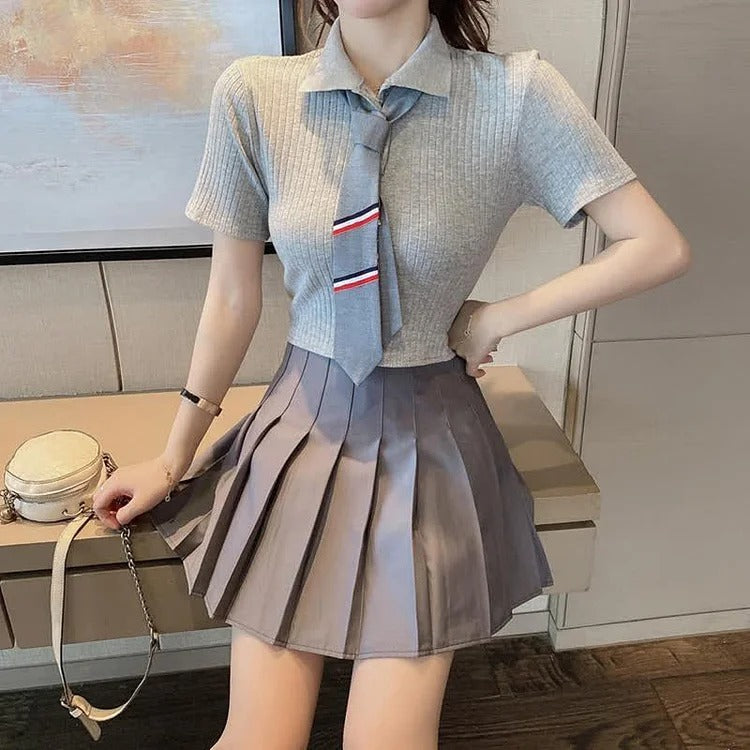 Tie Polo Crop Top Shirt Uniform Pleated Skirt Two Piece Set