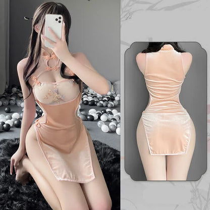 Hollow Out See Through Floral Cheongsam Split Dress Lingerie