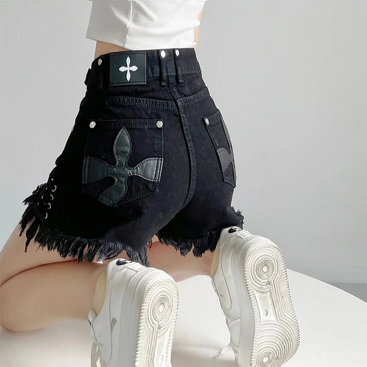 Cross Embroidery High Waist Lace Up Fringed Denim Shorts