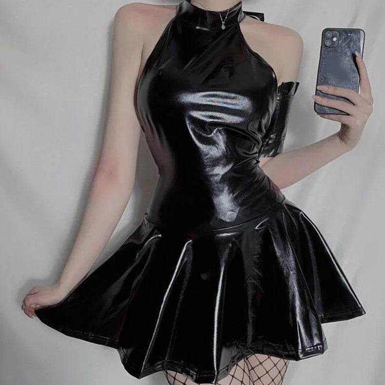 PU Leather Backless Sexy Lingerie Dress