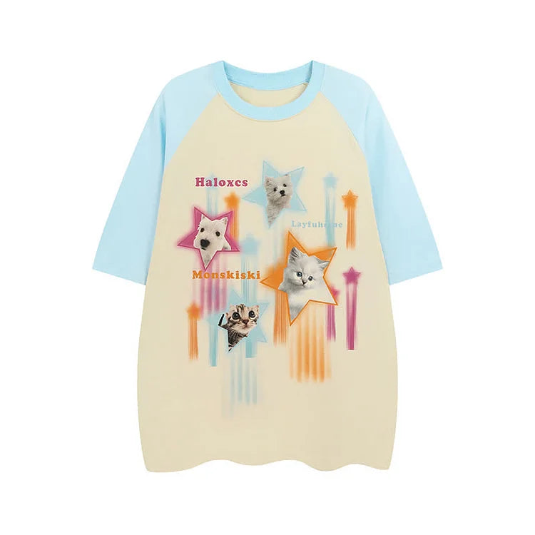 Puppy Kitty Star Letter Print Round Neck Colorblock T-Shirt