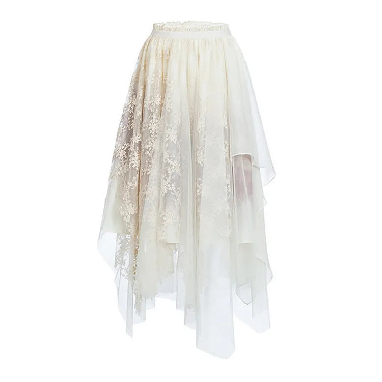 Vintage Irregular Floral Embroidery Lace Tulle Skirt