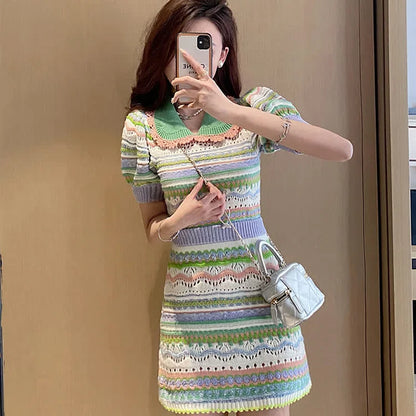 Colorblock Hollow Out Doll Collar T-shirt Skirt Two Piece Set
