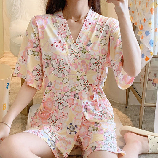 Kawaii Floral Print Kimono Lace Up Pajamas Set