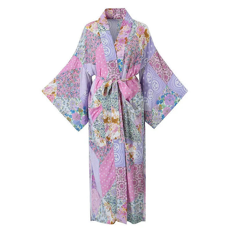 Vintage Floral Print Colorblock Robe Cardigan Kimono Outerwear