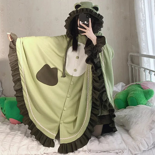 Kawaii Cartoon Frog Hooded Cloak Blanket