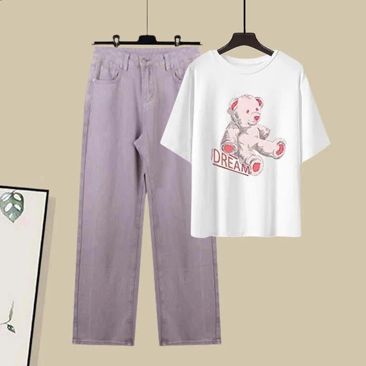 Cartoon Bear Letter Print T-Shirt Denim Pants Two Piece Set