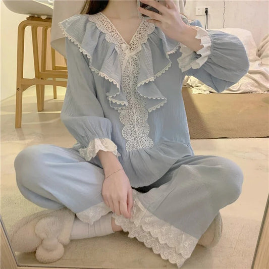 Pure Color Bowknot Lace Home Pajamas Set