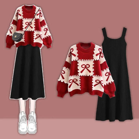 Preppy Bowknot Colorblock Sweater Slip Dress Two Piece Set