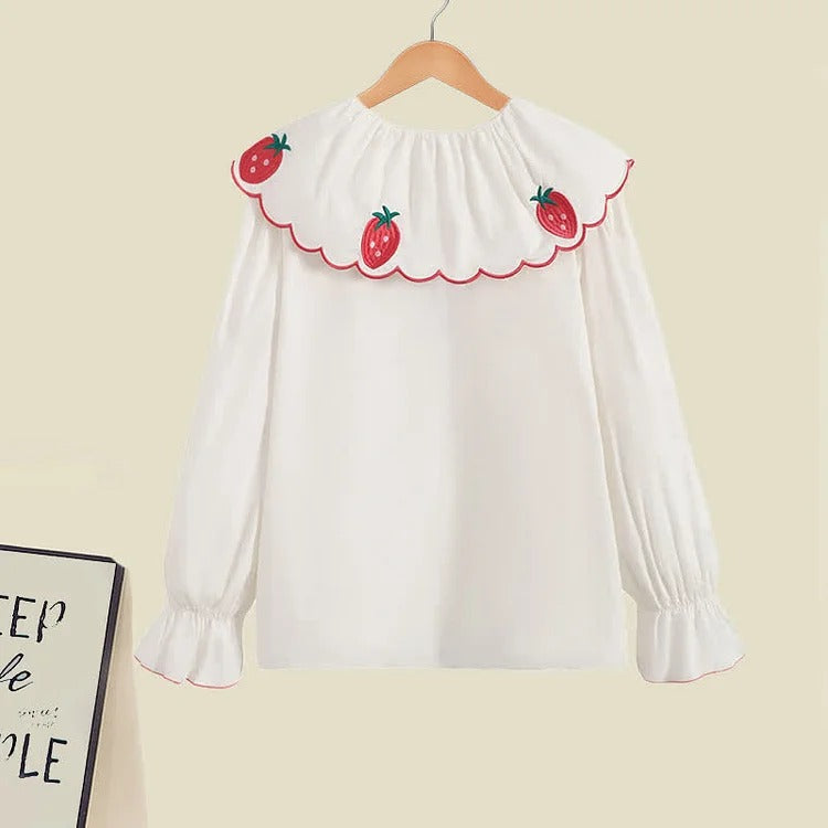 Chic Strawberry Embroidery Collar Shirt Denim Overall Dress Two Piece Set