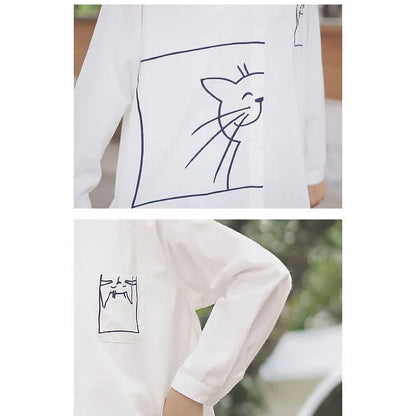 Cartoon Kitty Embroidery Pocket Loose Collar Shirt