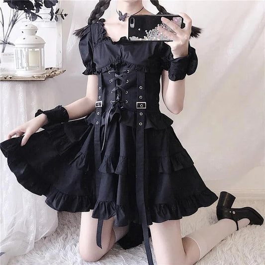 Gothic Ruffle Lace Up Buckle Puff Sleeve Mini Dress