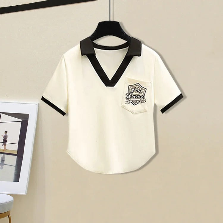Preppy Badge Letter Print Pockets T-Shirt Casual Pants Two Piece Set