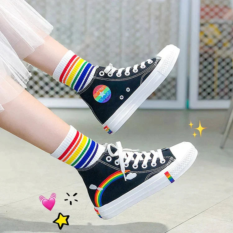 Rainbow Print High Top Style Canvas Shoes