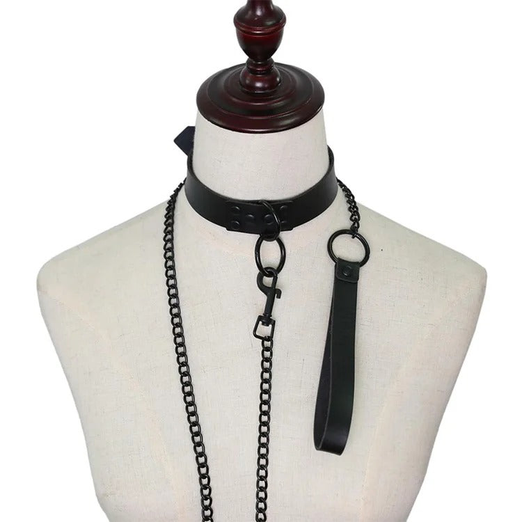 Dark Leather Collar With Chain Chocker