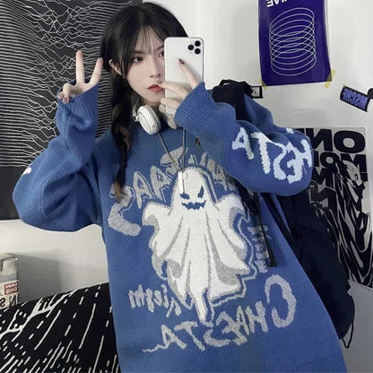 Retro Ghost Letter Print Knit Casual Sweater