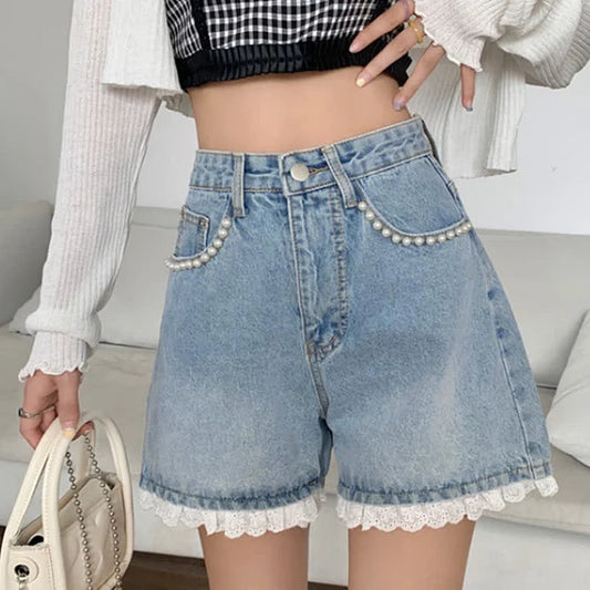 High Waist Pearl Decor Lace Denim Shorts