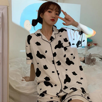 Kawaii Cartoon Cow Print Casual Pajamas Set