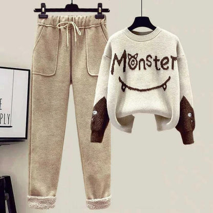 Monster Letter Knit Sweater Vest Coat Casual Pants Three Piece Set