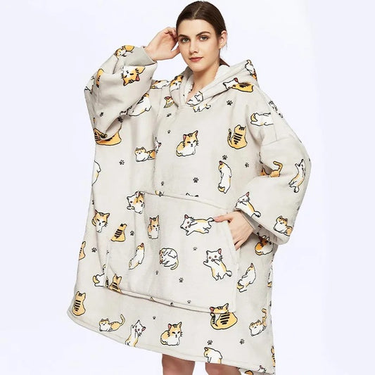 Cartoon Kitty Cat Print Hooded Blanket Pajamas