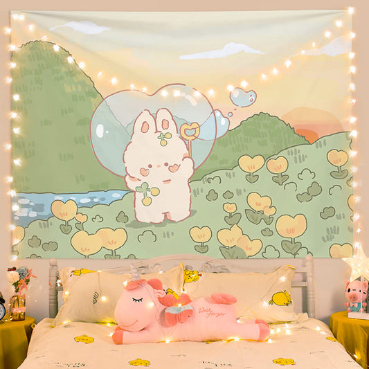Kawaii Cartoon Bunny Bear Adventure Wall Tapestry