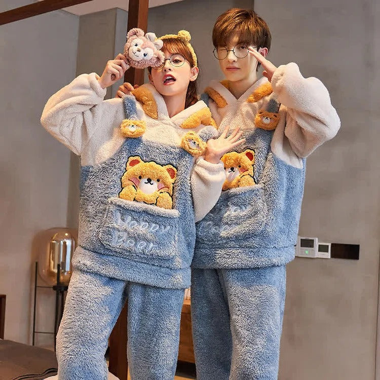 Cartoon Bear Letter Girlfriend Boyfriend Embroidery Plush Hooded Pajamas Set