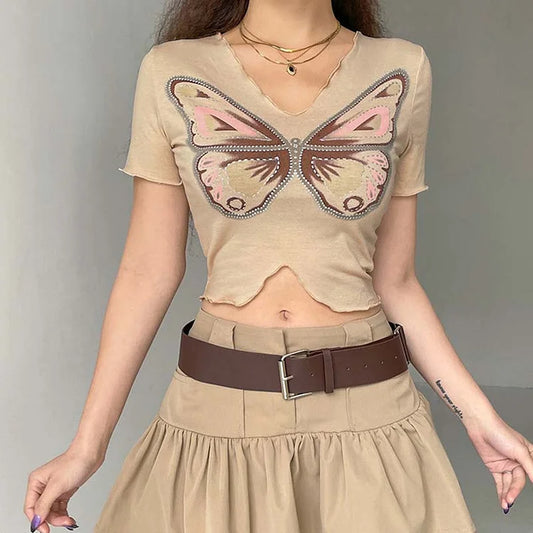 Butterfly Print Crop Top V-Neck T-Shirt