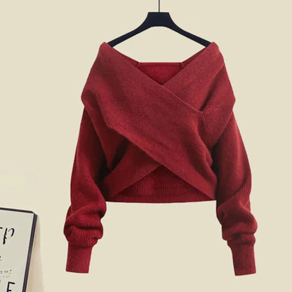 Vintage Cross Knit Sweater Flouncing Slip Dress Two Piece Set