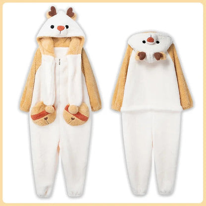 Kawaii Cartoon Puppy Embroidery Plush Hooded Pajamas Set