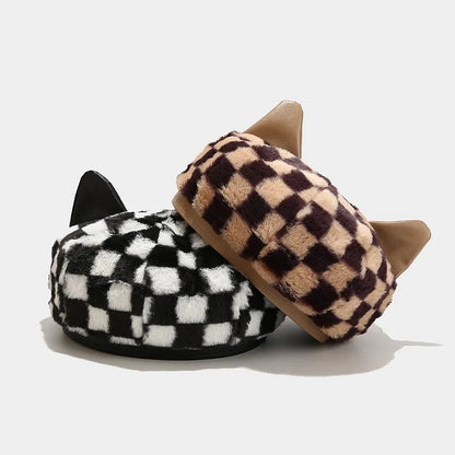 Cute Cat Ears Plaid Beret Hat
