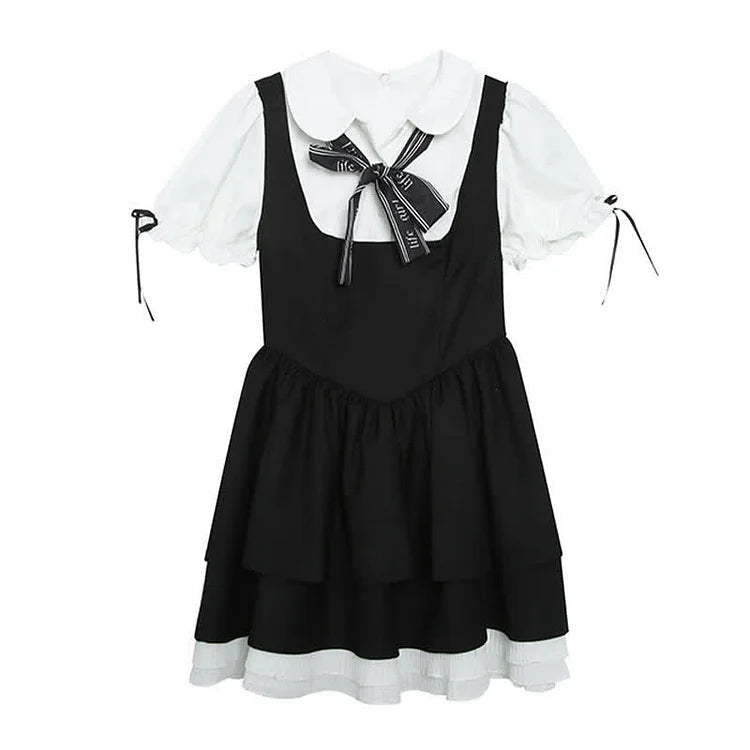 Bowknot Doll Collar Puff Sleeve Layered Fake Two Piece Mini Dress