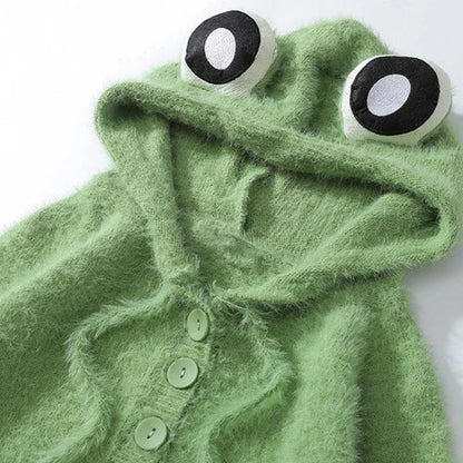 Girlfriend Boyfriend Frog Eyes Button Knit Drawstring Hoodie