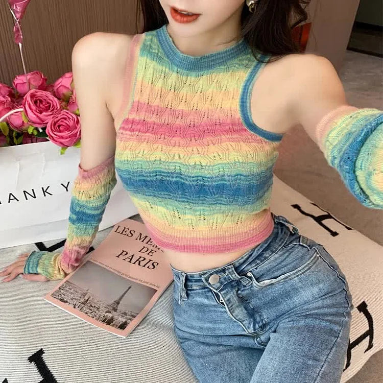 Chic Rainbow Striped Colorblock Crop Top With Sleeves