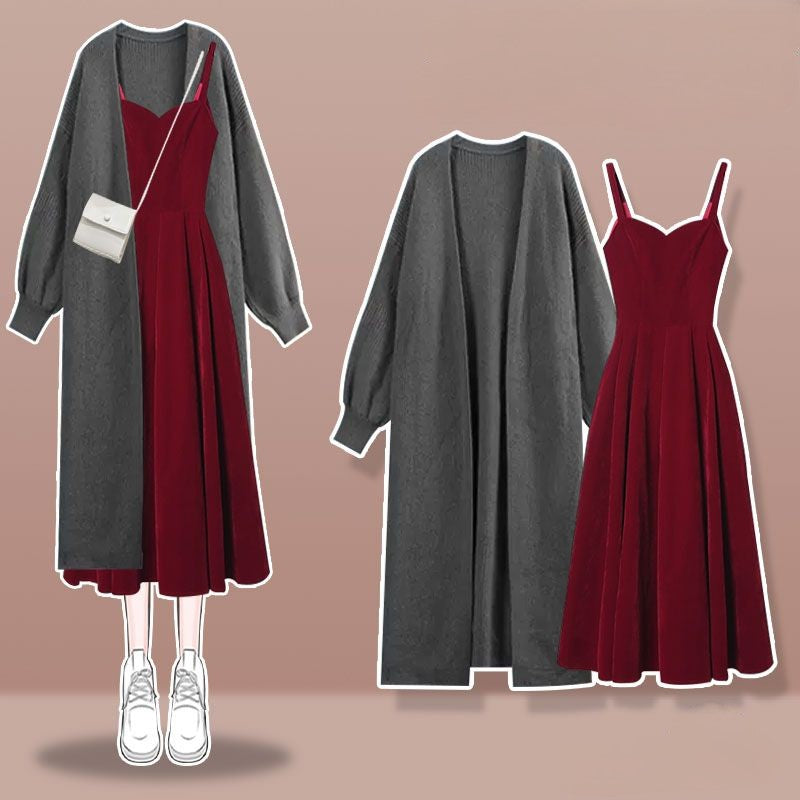 Pure Color Knit Cardigan Outerwear Lace Up Dress Two Piece Set
