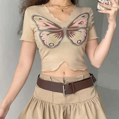 Butterfly Print Crop Top V-Neck T-Shirt