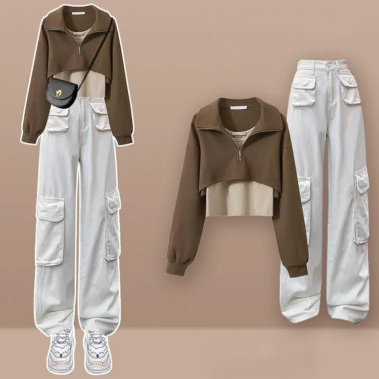 Zipper Lining T-Shirt Vest Pockets Cargo Pants Two Piece Set