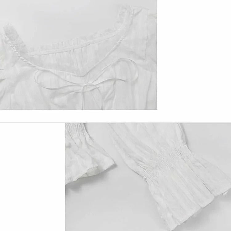 Puff Sleeve Shirt Lace Up Slip Dress Fishtail Skirt Two Piece Set