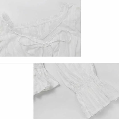 Puff Sleeve Shirt Lace Up Slip Dress Fishtail Skirt Two Piece Set