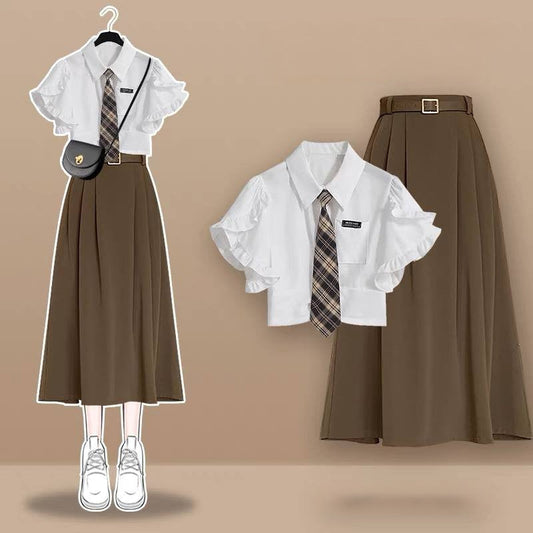 Pocket Lapel Tie Shirt Skirt Dress Two Piece Set