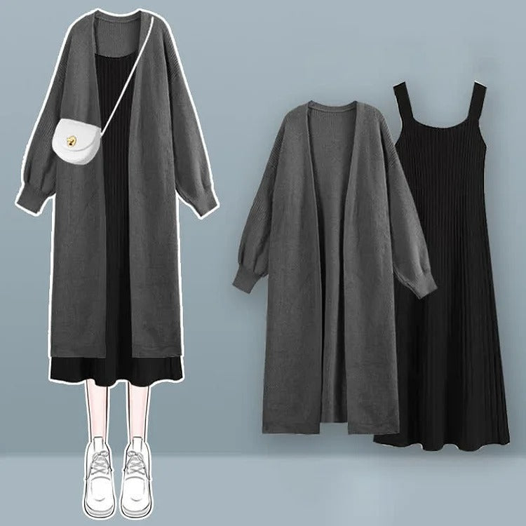 Pure Color Knit Cardigan Outerwear Slip Dress Two Piece Set