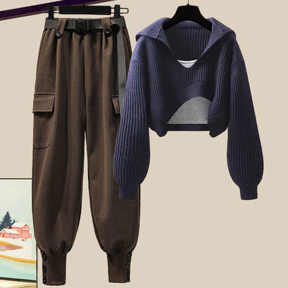 Preppy Irregular Crop Sweater Cami Top Belted Cargo Pants