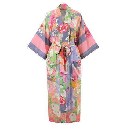 Vintage Floral Print Colorblock Robe Cardigan Kimono Outerwear