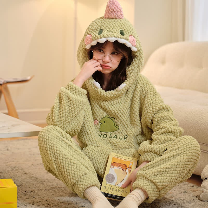 Cartoon Dinosaur Letter Plush Hooded Pajamas Set