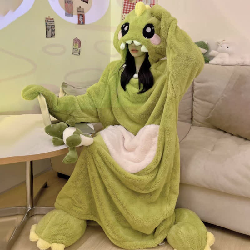 Kawaii Cartoon Dinosaur Plush Hooded Jumpsuit Pajamas Dress