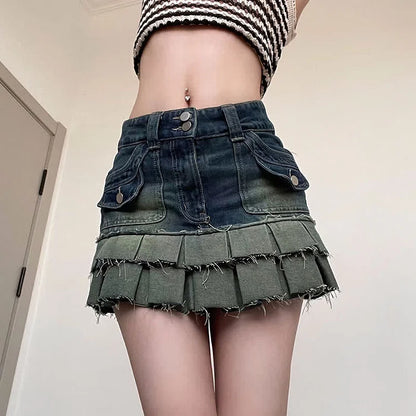High Waist Double-Layer Pleated Mini Denim Skirt