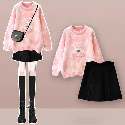 Preppy Cartoon Bear Print Sweater Split Skirt Two Piece Set