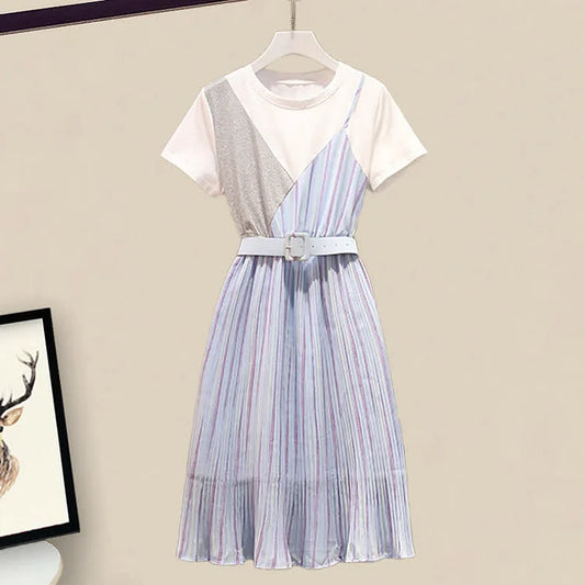 Colorblock Striped Print Round Neck Belted T-Shirt Dress