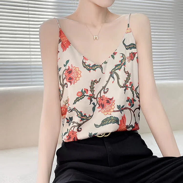 Floral Print Satin V-Neck Cami Top Workwear