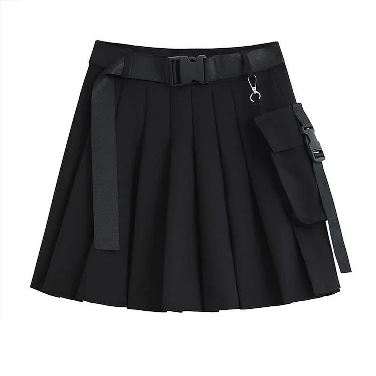 Street Off Shoulder Buckle Strap Zipper Crop Top Belted Pleated Skirt
