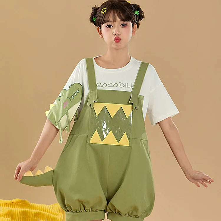 Cartoon Dinosaur Letter Embroidery Casual T-Shirt Overalls Shorts